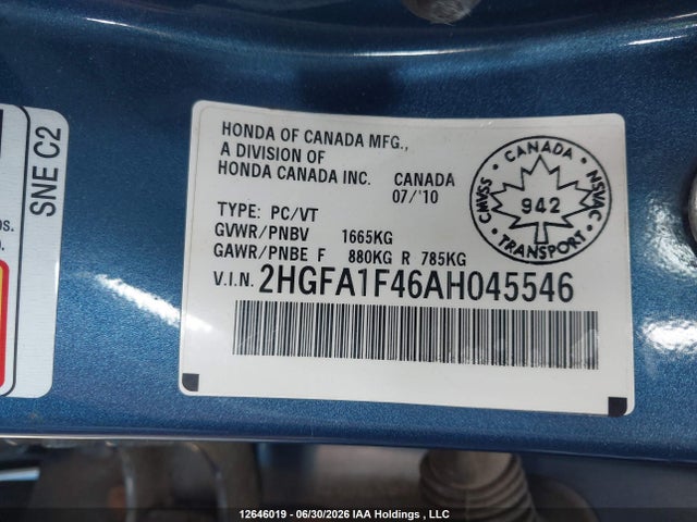 2010 Honda Civic Dx-g მანქანა იყიდება აუქციონზე, vin: 2HGFA1F46AH045546, აუქციონის ნომერი: 12646019