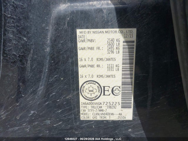 12646027 :رقم المزاد ، 1N6AD0EVXGN725225 vin ، 2016 Nissan Frontier S/sv/sl/pro-4x مزاد بيع