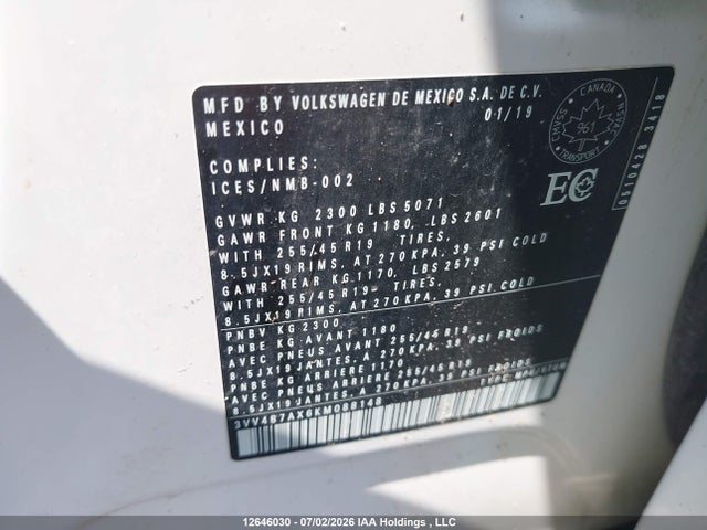 12646030 :رقم المزاد ، 3VV4B7AX6KM088148 vin ، 2019 Volkswagen Tiguan Sel Premium/sel Premium R-line مزاد بيع