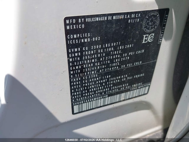 12646030 :رقم المزاد ، 3VV4B7AX6KM088148 vin ، 2019 Volkswagen Tiguan Sel Premium/sel Premium R-line مزاد بيع