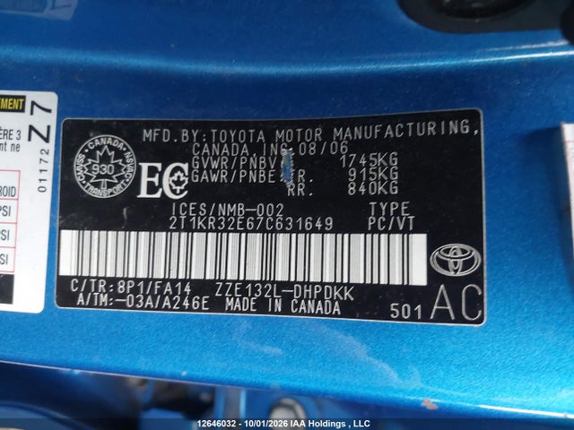 Aukcja sprzedaży 2007 Toyota Corolla Matrix Xr, vin: 2T1KR32E67C631649, numer aukcji: 12646032
