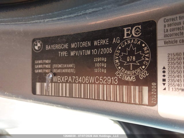 2006 Bmw X3 2.5i მანქანა იყიდება აუქციონზე, vin: WBXPA73406WC52913, აუქციონის ნომერი: 12646038