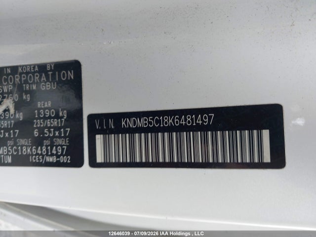 12646039 :رقم المزاد ، KNDMB5C18K6481497 vin ، 2019 Kia Sedona Lx/ex مزاد بيع