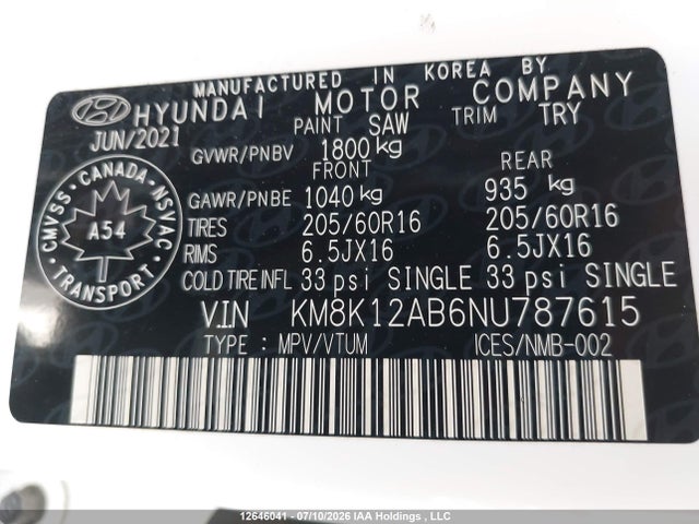 Продажа на аукционе авто 2022 Hyundai Kona Essential, vin: KM8K12AB6NU787615, номер лота: 12646041