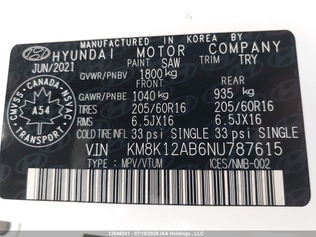 Продажа на аукционе авто 2022 Hyundai Kona Essential, vin: KM8K12AB6NU787615, номер лота: 12646041