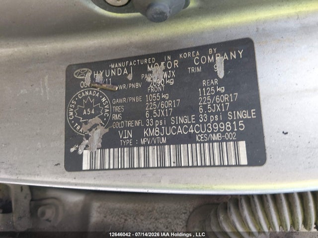 2012 Hyundai Tucson მანქანა იყიდება აუქციონზე, vin: KM8JUCAC4CU399815, აუქციონის ნომერი: 12646042