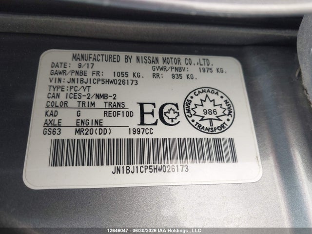 Aukcja sprzedaży 2017 Nissan Qashqai S/sv, vin: JN1BJ1CP5HW026173, numer aukcji: 12646047