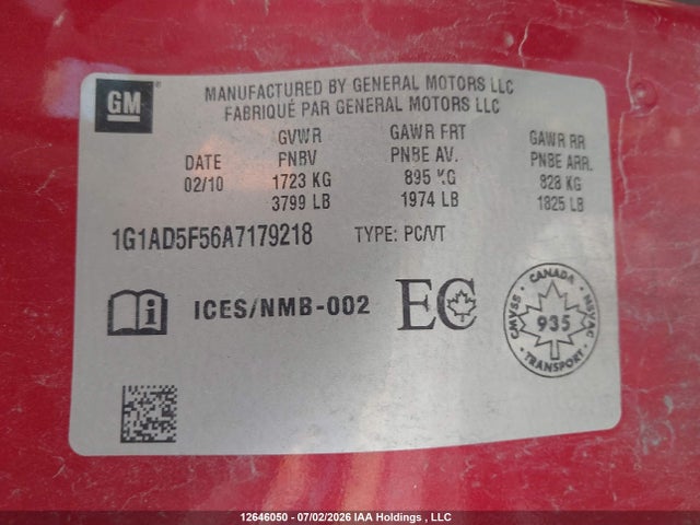 Продаж на аукціоні авто 2010 Chevrolet Cobalt Lt W/1sa, vin: 1G1AD5F56A7179218, номер лоту: 12646050