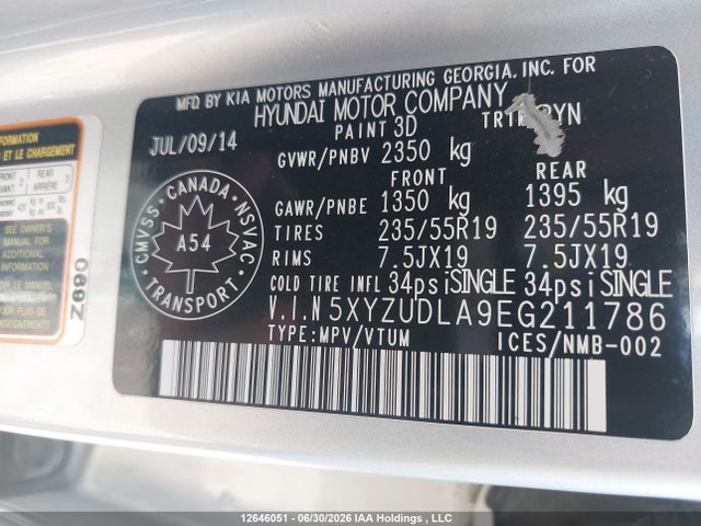 2014 Hyundai Santa Fe Sport 2.0t Limited მანქანა იყიდება აუქციონზე, vin: 5XYZUDLA9EG211786, აუქციონის ნომერი: 12646051