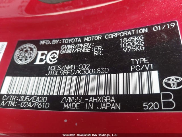2019 Toyota Prius მანქანა იყიდება აუქციონზე, vin: JTDL9RFU7K3001830, აუქციონის ნომერი: 12646052