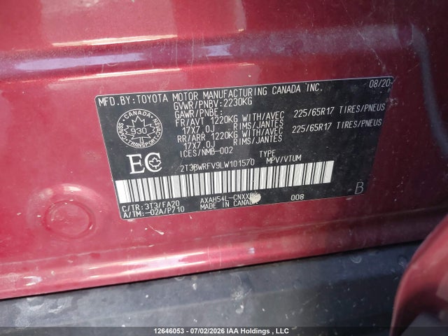 12646053 :رقم المزاد ، 2T3BWRFV9LW101570 vin ، 2020 Toyota Rav4 Hybrid Le مزاد بيع
