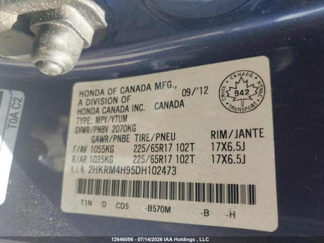 Продаж на аукціоні авто 2013 Honda Cr-v, vin: 2HKRM4H95DH102473, номер лоту: 12646056