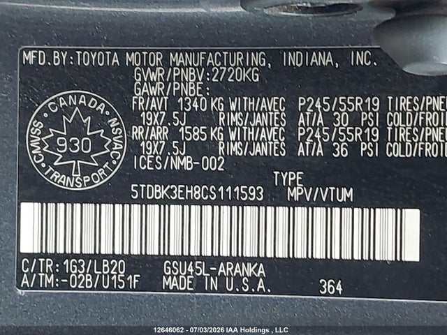 2012 Toyota Highlander Se მანქანა იყიდება აუქციონზე, vin: 5TDBK3EH8CS111593, აუქციონის ნომერი: 12646062