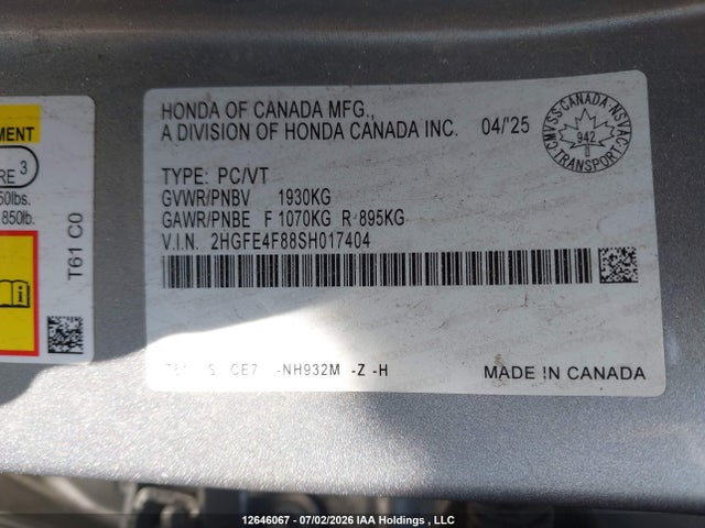 2HGFE4F88SH017404 Honda Civic Sport Hybrid/sport Touring Hybrid