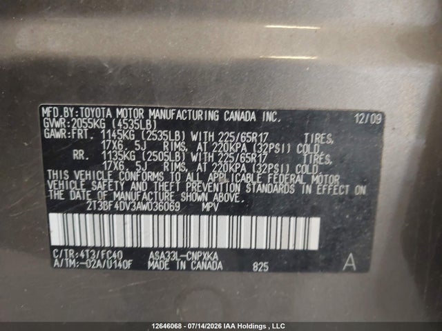 12646068 :رقم المزاد ، 2T3BF4DV3AW036069 vin ، 2010 Toyota Rav4 مزاد بيع
