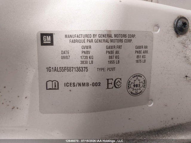 Продаж на аукціоні авто 2008 Chevrolet Cobalt Lt, vin: 1G1AL55F687136375, номер лоту: 12646070