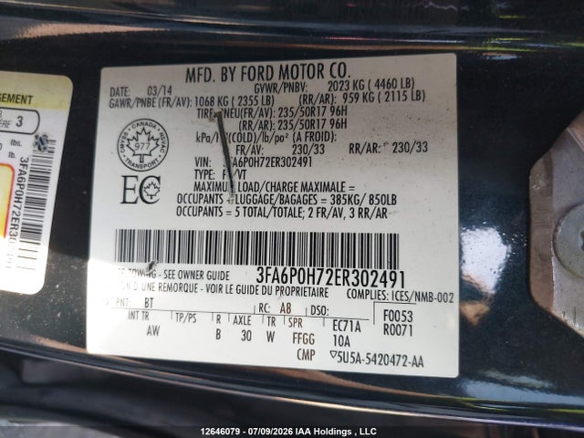 Ford FUSION SE 2014 3FA6P0H72ER302491 Image 9
