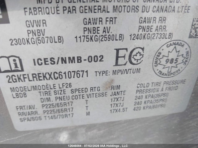 12646084 :رقم المزاد ، 2GKFLREKXC6107671 vin ، 2012 Gmc Terrain Sle مزاد بيع