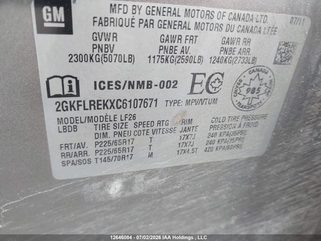12646084 :رقم المزاد ، 2GKFLREKXC6107671 vin ، 2012 Gmc Terrain Sle مزاد بيع