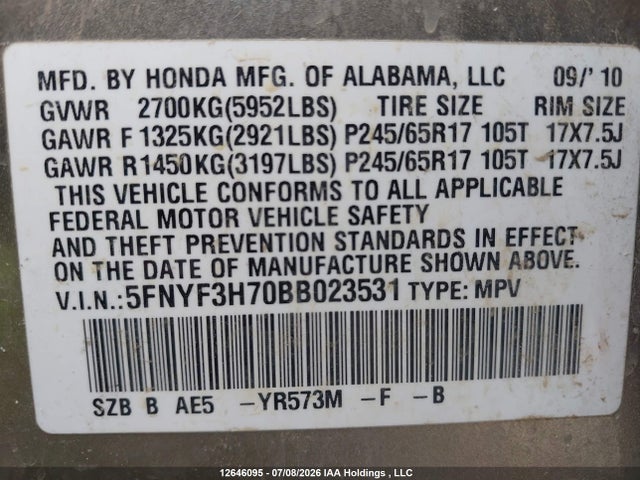 12646095 :رقم المزاد ، 5FNYF3H70BB023531 vin ، 2011 Honda Pilot Ex-l مزاد بيع