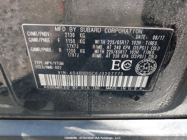 12646096 :رقم المزاد ، 4S4BSDGC6J3207773 vin ، 2018 Subaru Outback 2.5i Touring مزاد بيع