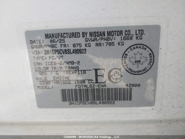 Aukcja sprzedaży 2025 Nissan Kicks Play Sv, vin: 3N1CP5CV8SL490922, numer aukcji: 12646099