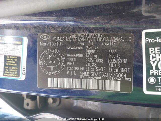 12646102 :رقم المزاد ، 5NMSGDAG6AH376064 vin ، 2010 Hyundai Santa Fe Gls مزاد بيع