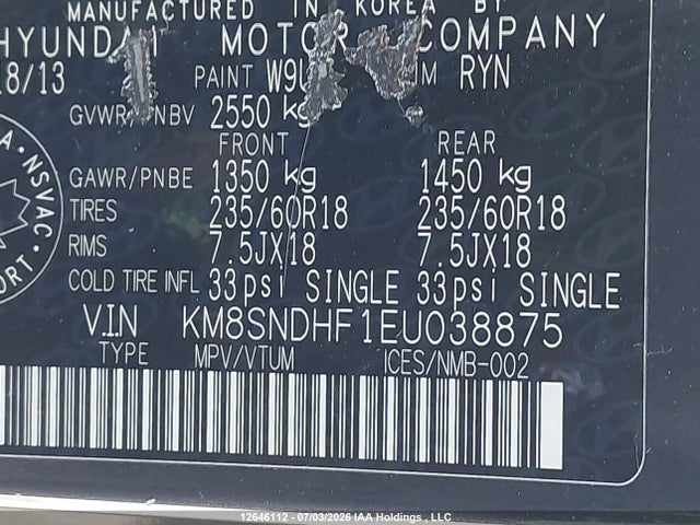 Продаж на аукціоні авто 2014 Hyundai Santa Fe Gls, vin: KM8SNDHF1EU038875, номер лоту: 12646112