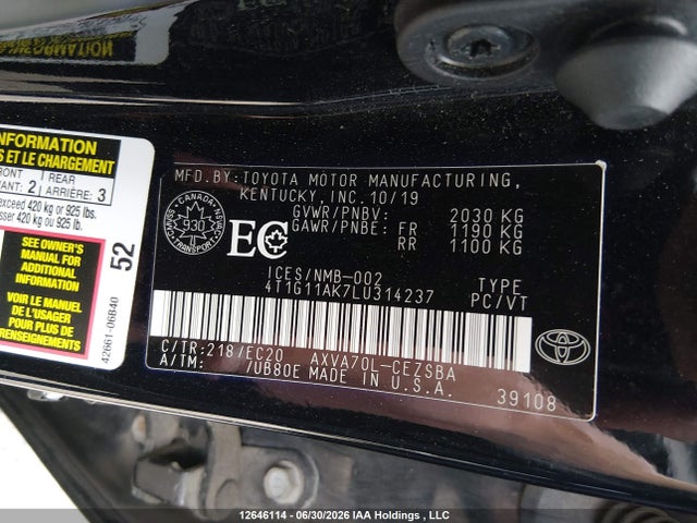 Продажа на аукционе авто 2020 Toyota Camry Se/se Night Shade, vin: 4T1G11AK7LU314237, номер лота: 12646114
