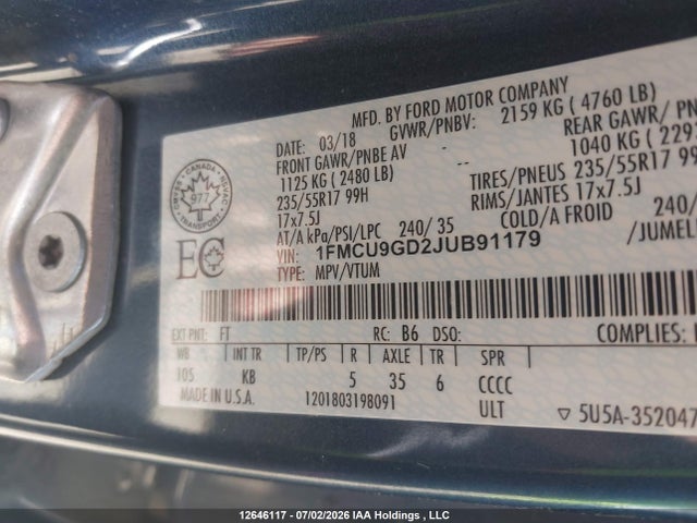 Ford ESCAPE SE 2018 1FMCU9GD2JUB91179 Image 9