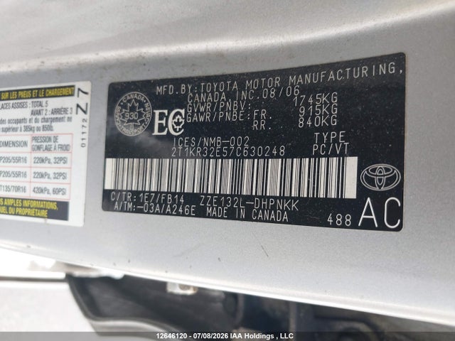 Aukcja sprzedaży 2007 Toyota Matrix Xr, vin: 2T1KR32E57C630248, numer aukcji: 12646120