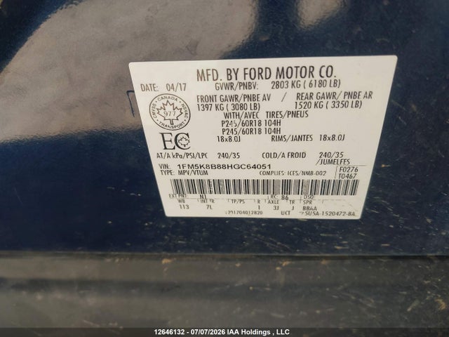 12646132 :رقم المزاد ، 1FM5K8B88HGC64051 vin ، 2017 Ford Explorer مزاد بيع