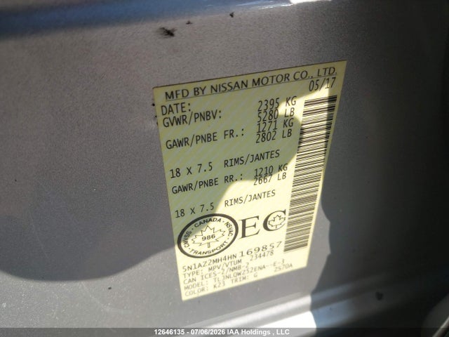 5N1AZ2MH4HN169857 Nissan Murano S/sl/sv/platinum