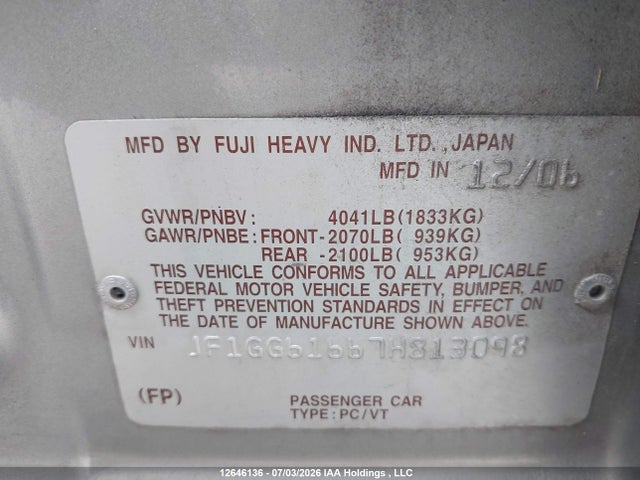 12646136 :رقم المزاد ، JF1GG61667H813098 vin ، 2007 Subaru Impreza مزاد بيع