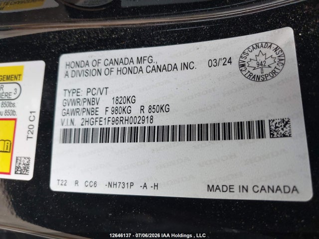 Honda Civic Touring 2024 2HGFE1F96RH002918 Image 9