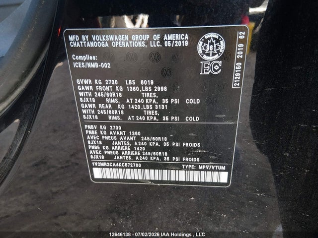 1V2MR2CA4KC572700 Volkswagen Atlas 3.6 Fsi Highline