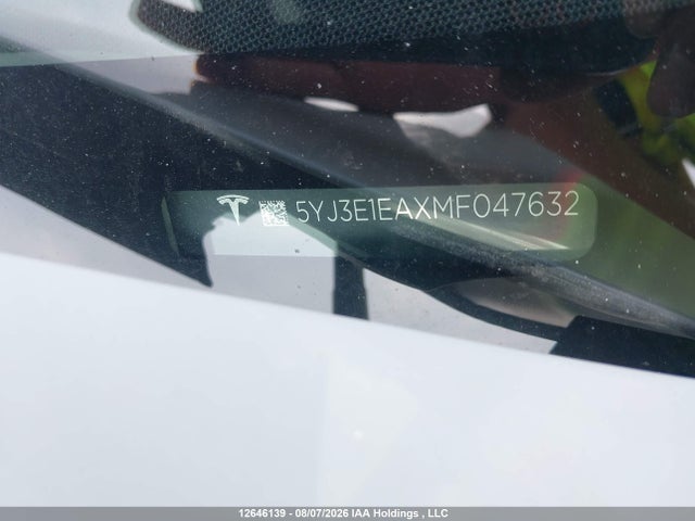 2021 Tesla Model 3 მანქანა იყიდება აუქციონზე, vin: 5YJ3E1EAXMF047632, აუქციონის ნომერი: 12646139