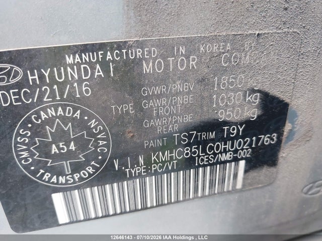 2017 Hyundai Ioniq Hybrid Se მანქანა იყიდება აუქციონზე, vin: KMHC85LC0HU021763, აუქციონის ნომერი: 12646143
