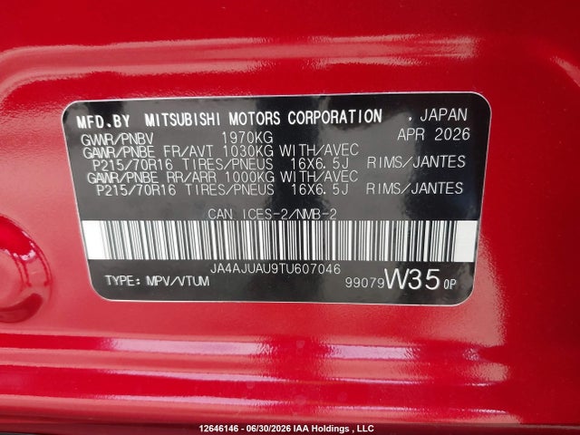 12646146 :رقم المزاد ، JA4AJUAU9TU607046 vin ، 2026 Mitsubishi Rvr Es مزاد بيع