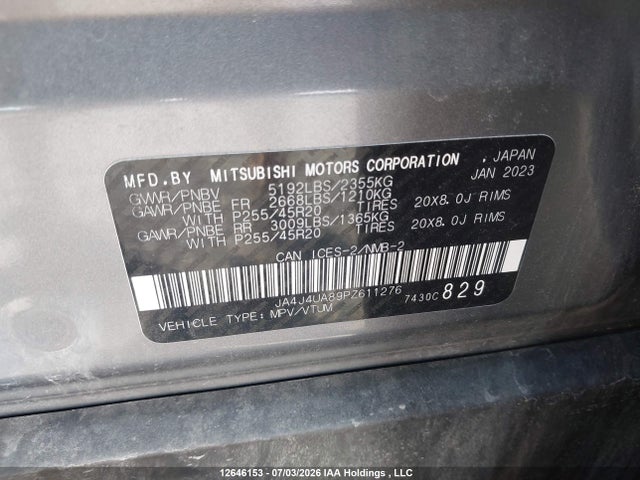 Aukcja sprzedaży 2023 Mitsubishi Outlander Le/le Premium/noir/se/sel, vin: JA4J4UA89PZ611276, numer aukcji: 12646153