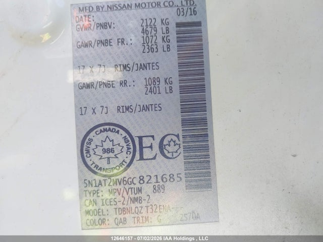 12646157 :رقم المزاد ، 5N1AT2MV6GC821685 vin ، 2016 Nissan Rogue S/sl/sv مزاد بيع