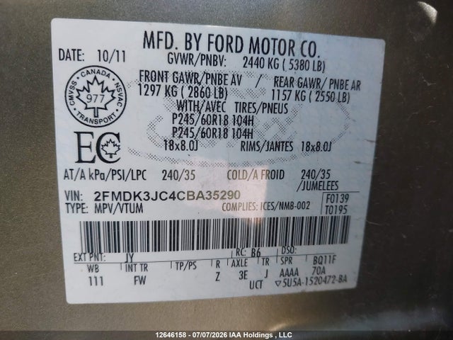 Продажа на аукционе авто 2012 Ford Edge Sel, vin: 2FMDK3JC4CBA35290, номер лота: 12646158