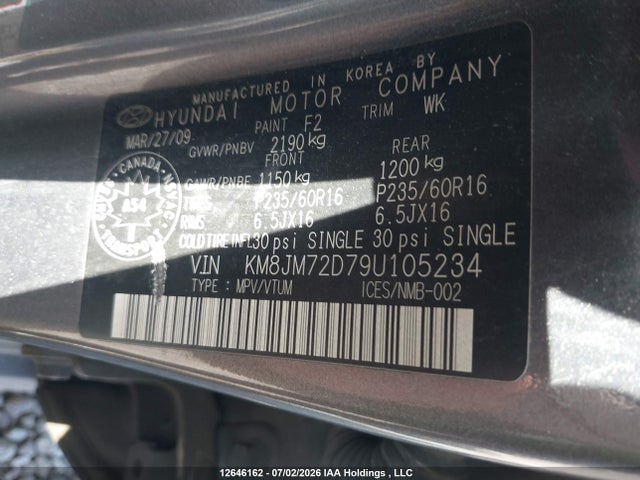 Aukcja sprzedaży 2009 Hyundai Tucson Gls, vin: KM8JM72D79U105234, numer aukcji: 12646162