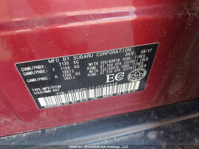 Продажа на аукционе авто 2018 Subaru Outback 2.5i Limited, vin: 4S4BSDLC7J3240948, номер лота: 12646164