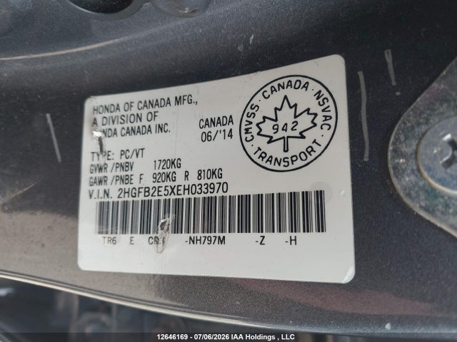 Продаж на аукціоні авто 2014 Honda Civic Ex, vin: 2HGFB2E5XEH033970, номер лоту: 12646169