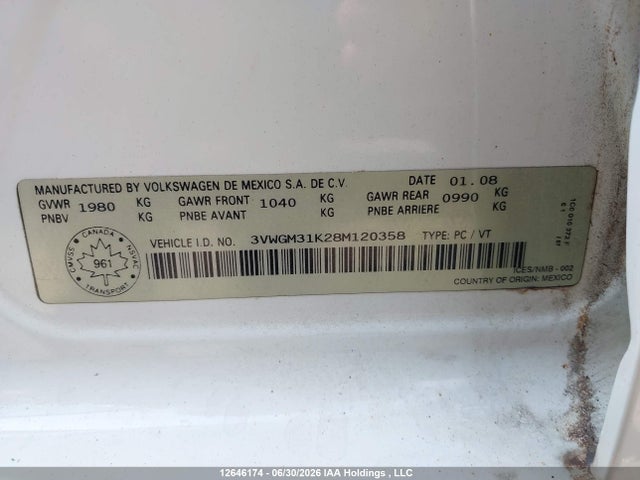 Продажа на аукционе авто 2008 Volkswagen Jetta 2.5l Trendline, vin: 3VWGM31K28M120358, номер лота: 12646174