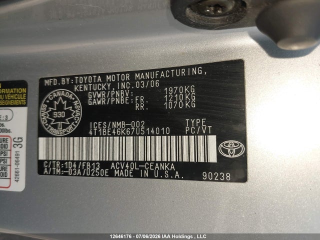 Продаж на аукціоні авто 2007 Toyota Camry Le/se, vin: 4T1BE46K67U514010, номер лоту: 12646176
