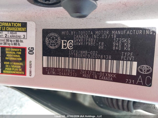 Toyota COROLLA LE 2018 2T1BURHE9JC078138 Image 9