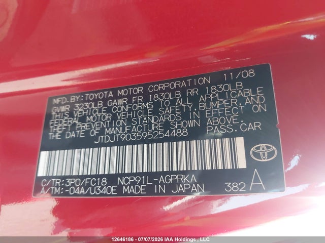 12646186 :رقم المزاد ، JTDJT903595254488 vin ، 2009 Toyota Yaris مزاد بيع