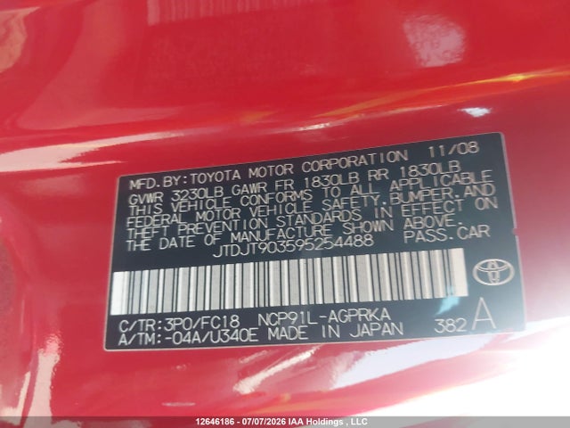 12646186 :رقم المزاد ، JTDJT903595254488 vin ، 2009 Toyota Yaris مزاد بيع